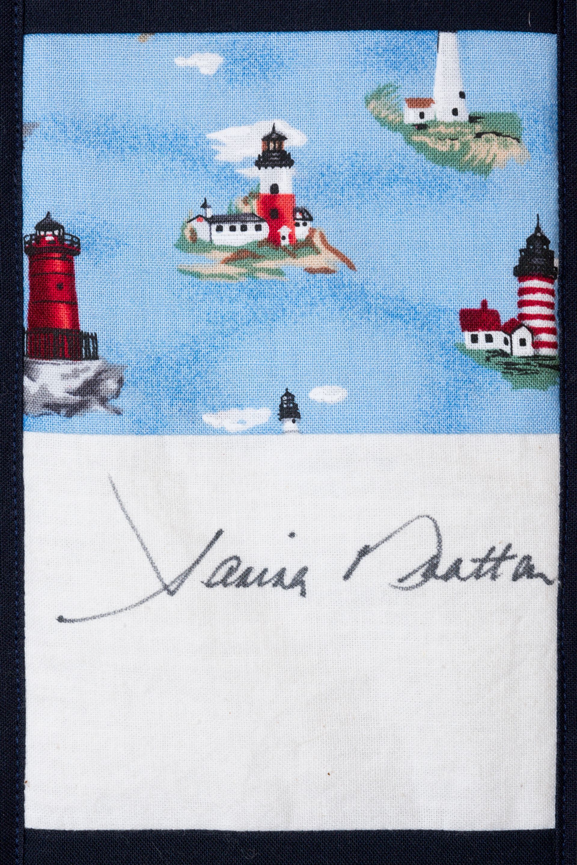 Handwritten signature below a small drawing of a lighthouse and boats on blue water, on white paper