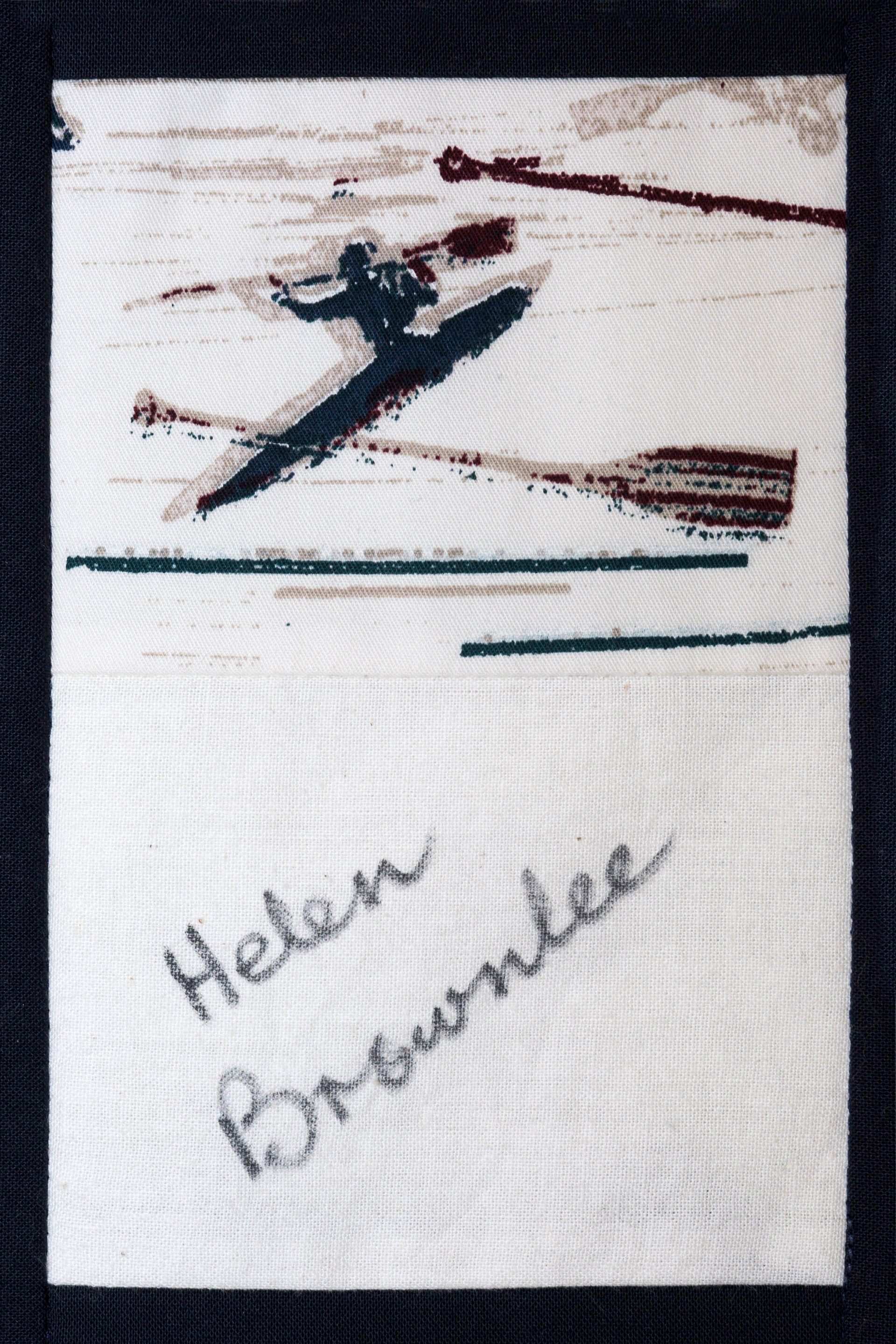 Abstract white art piece with black and brown brushstrokes and handwritten “Helen Bromlee” at bottom