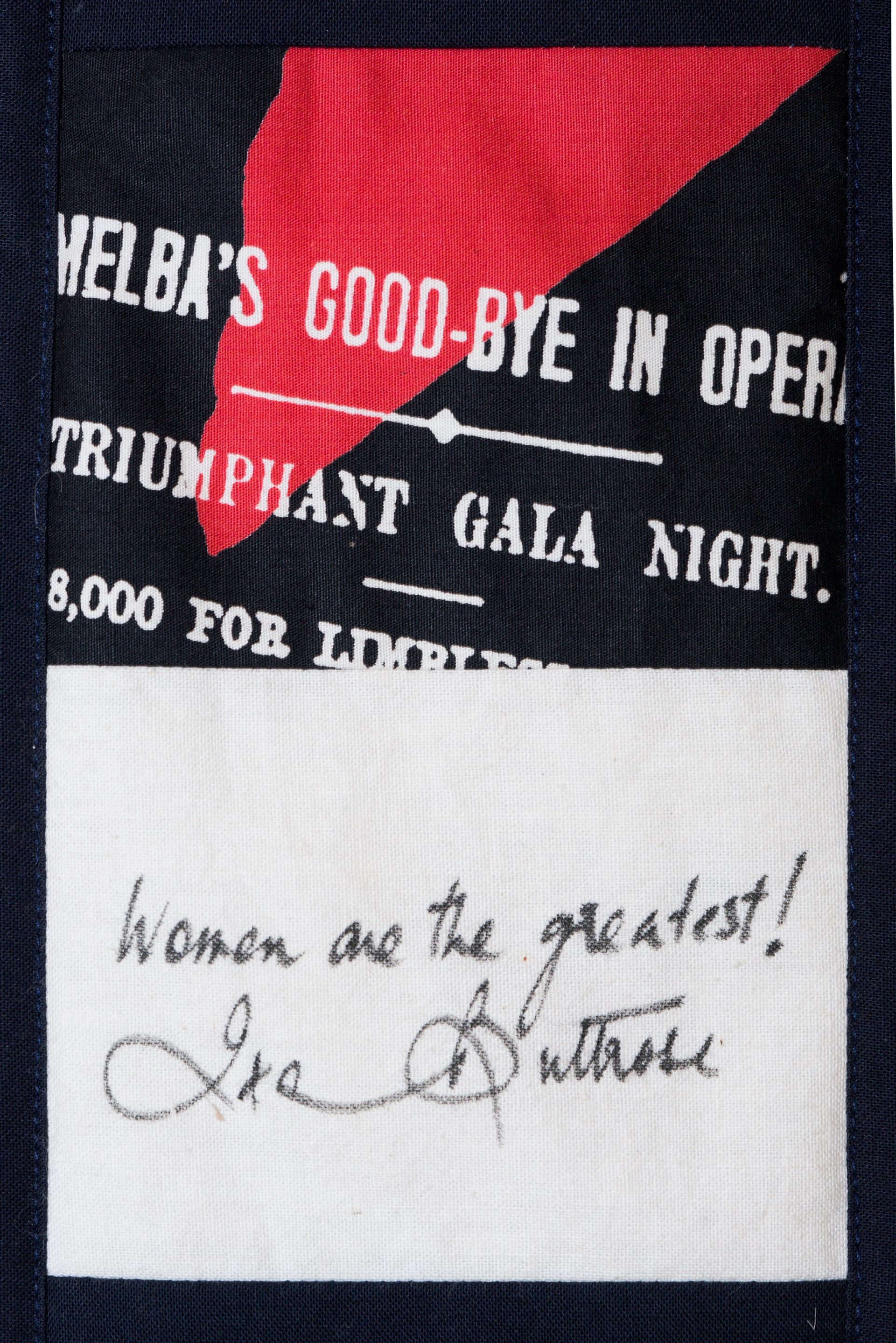 Vintage black-and-white poster with red triangle and handwritten note reading “Woman of the greatest!”