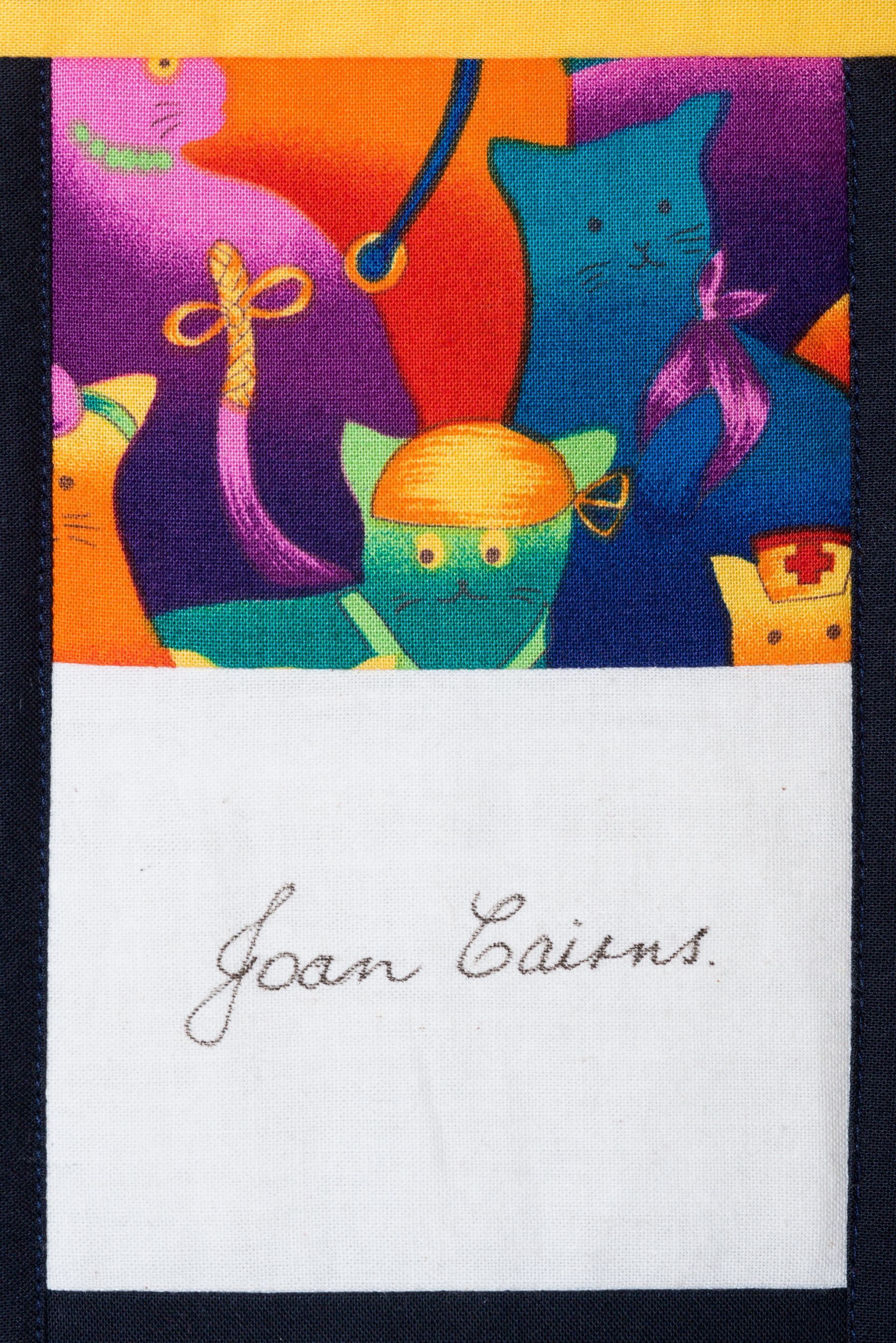 Colorful abstract artwork above a white label signed “Joan Eirins”
