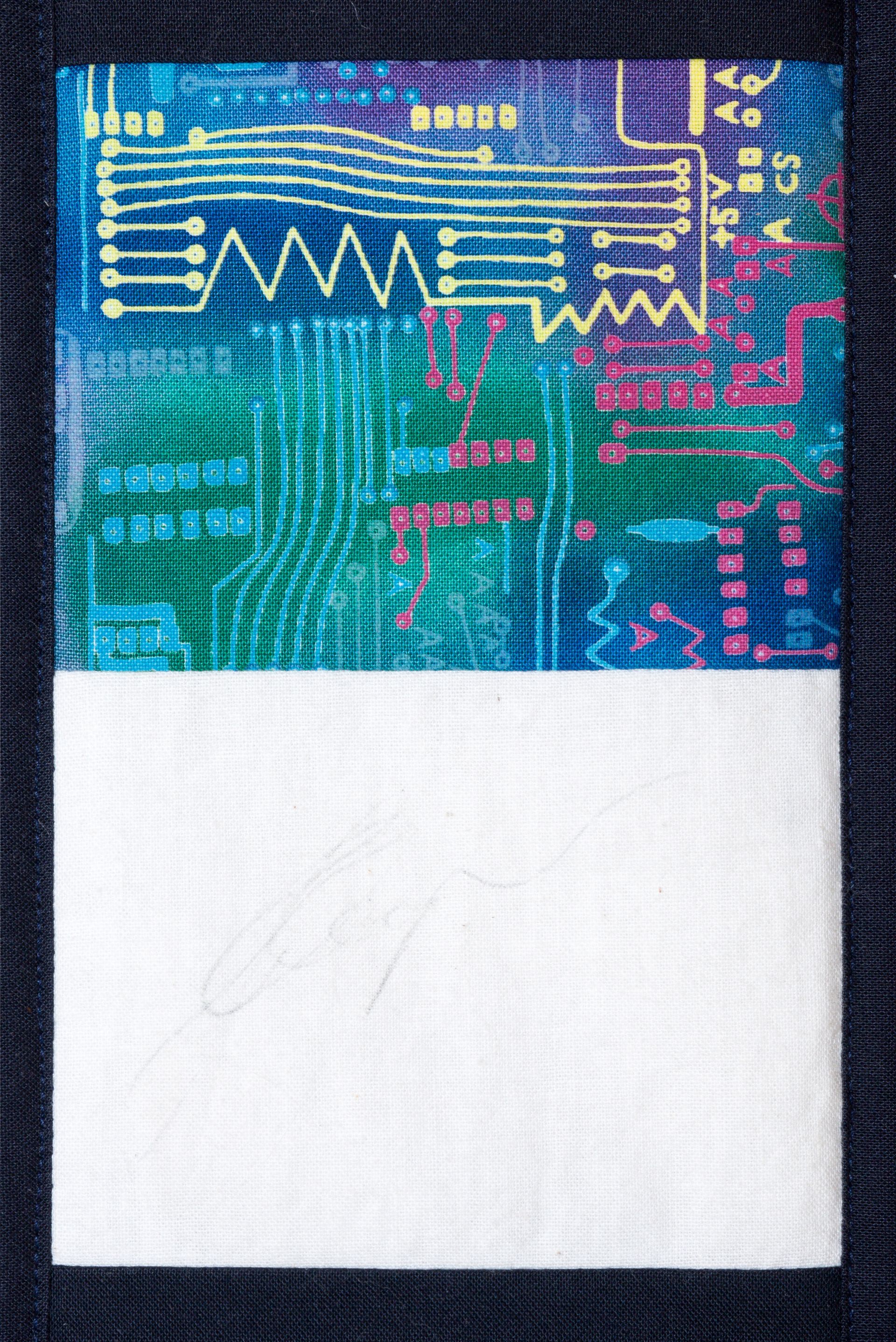 Abstract blue and pink circuit-like pattern above a large white rectangle