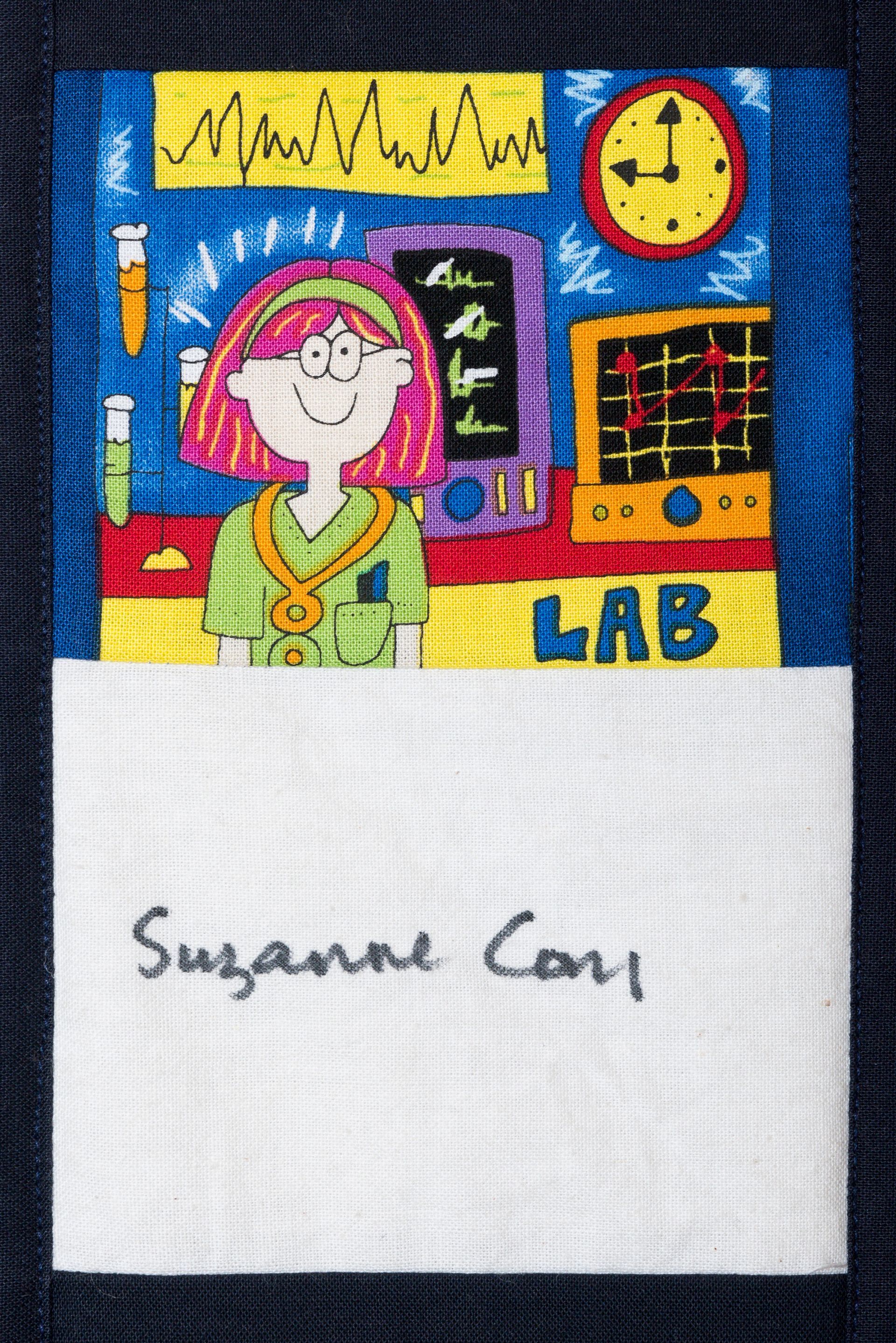 Hand-drawn lab scene with a smiling scientist, clock, chart, and “LAB” label above a signed white space