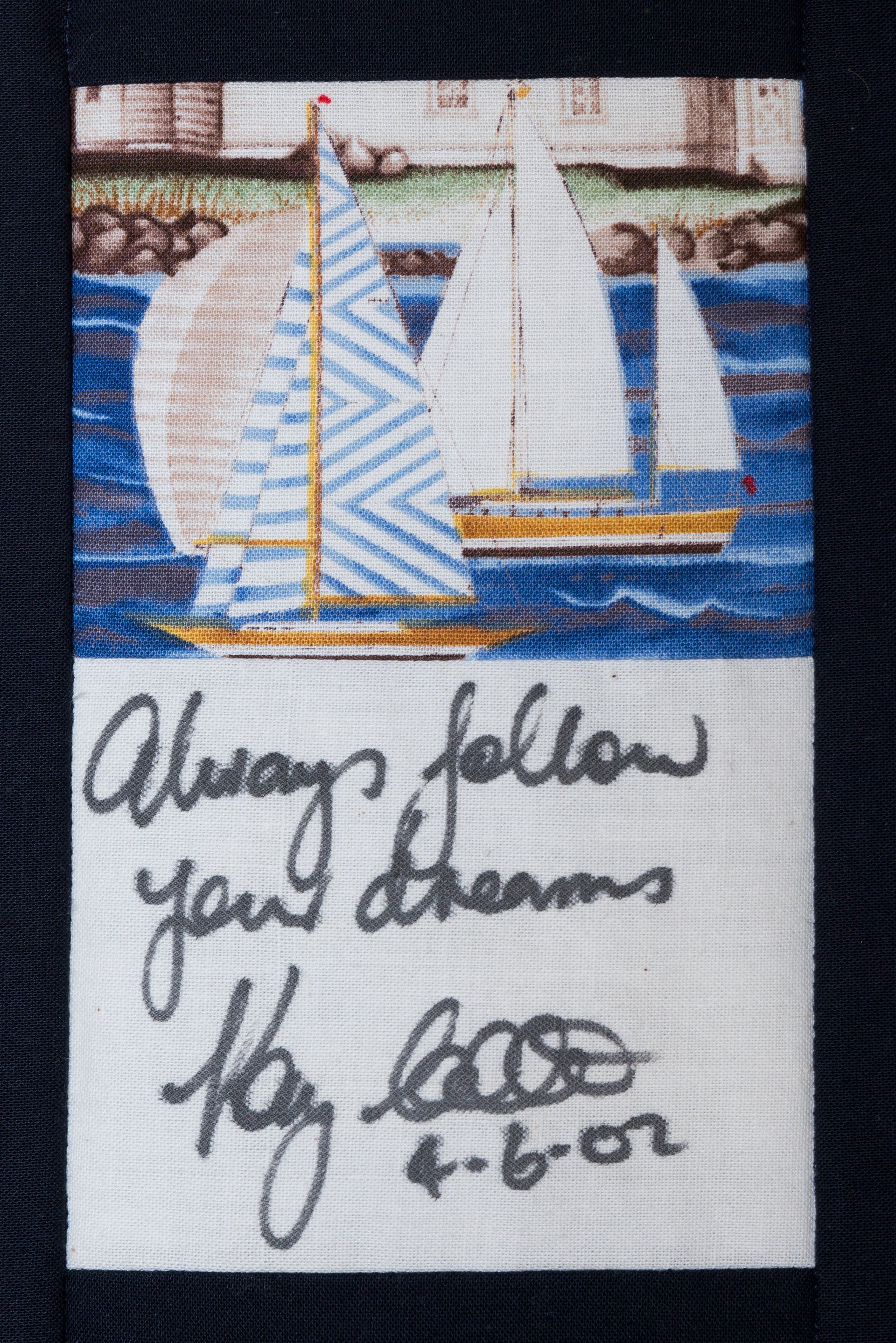 Handwritten note with a sailboat painting and the words “Always follow your dreams.”