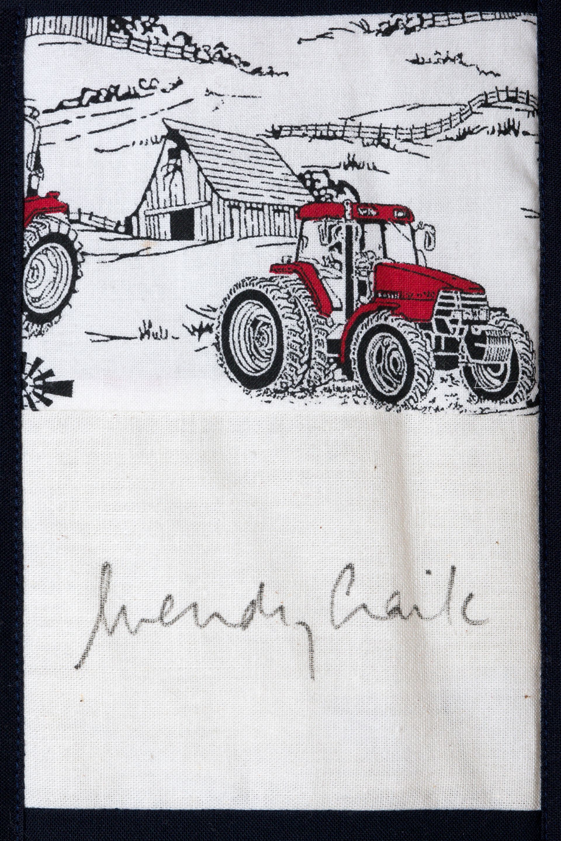 Red tractor in front of a barn, with a sketchy black-and-white background and red accents.