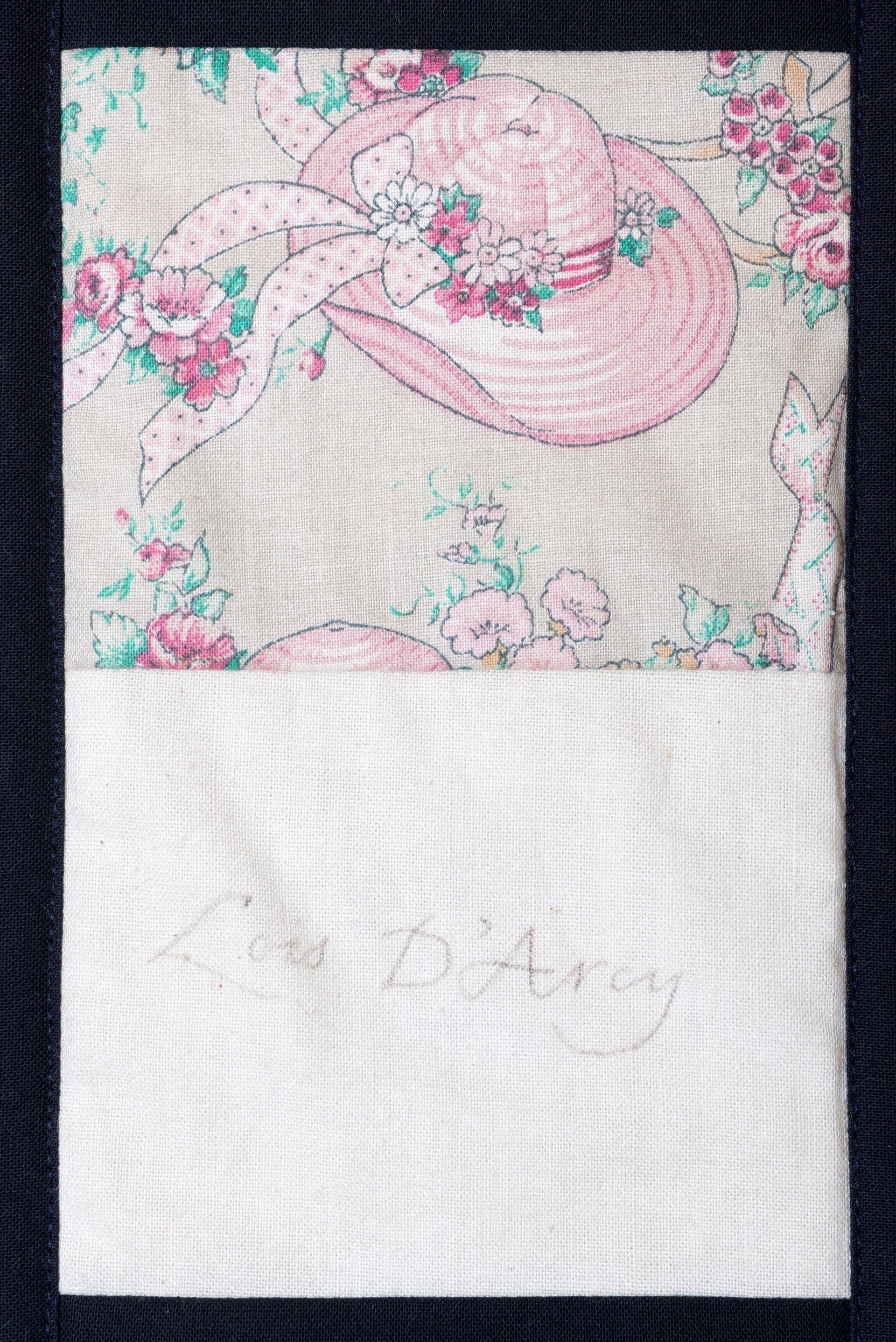 Pastel floral drawing with pink hat on top, and a blank white lower half on textured paper