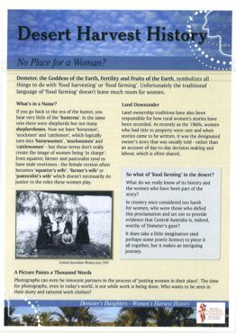 Desert Harvest History poster with text columns, sepia photos, and a blue header about the Dust Bowl era