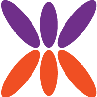Abstract flower logo with five purple petals on top and five orange petals below on a white background