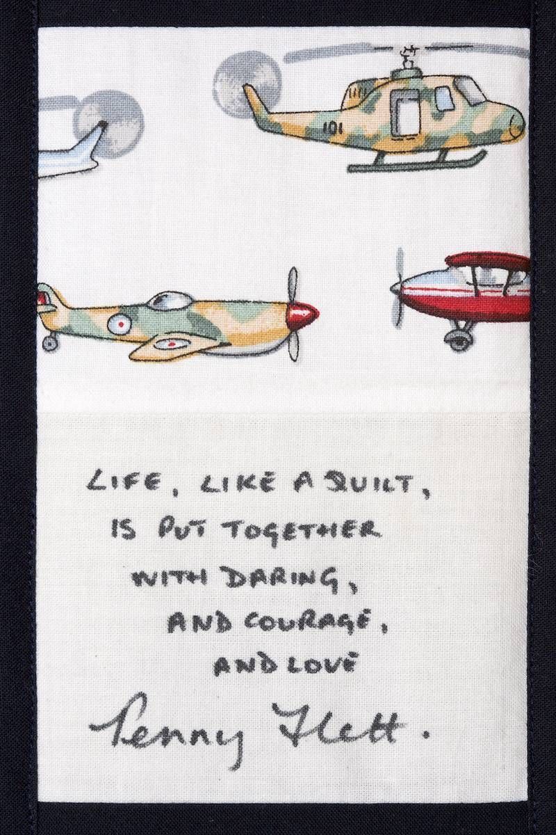 Sketch of two colorful airplanes and a helicopter with the quote, “Life, like a quilt...” signed Jenny Hatch.