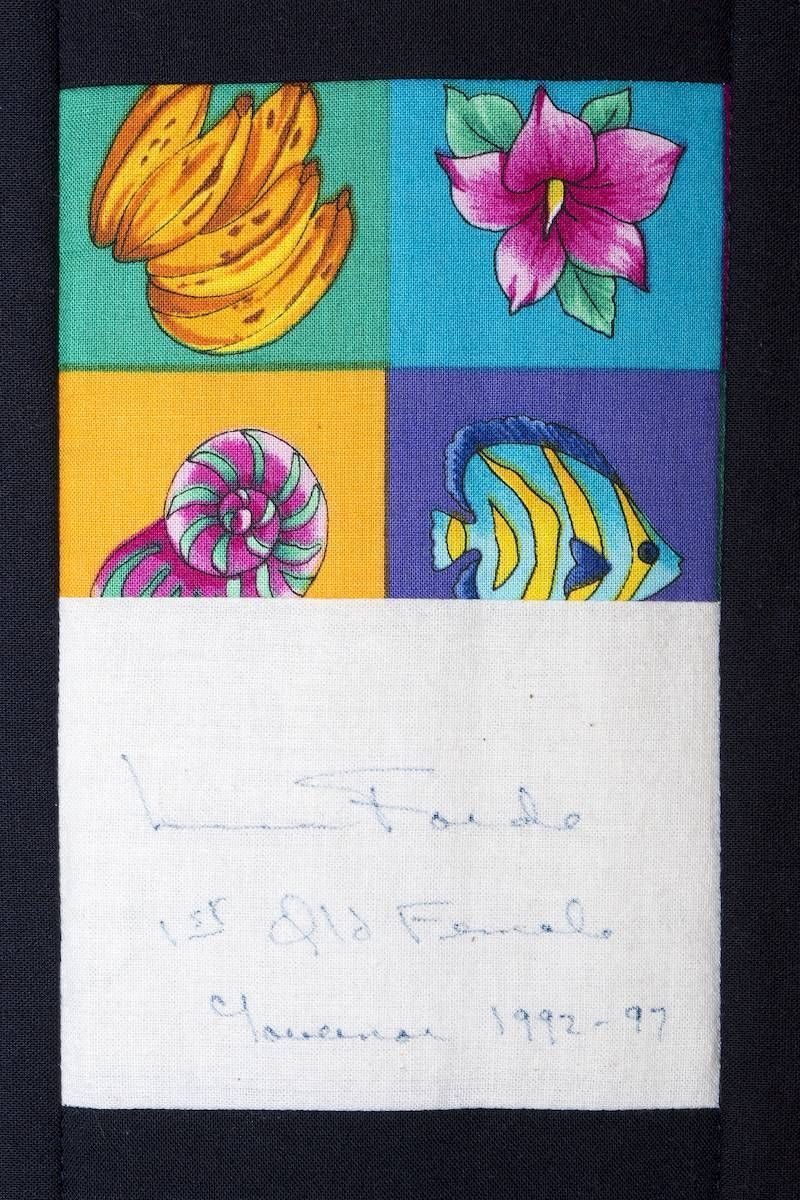 Four colorful floral and shell drawings in a 2x2 grid above faint handwritten notes on white paper