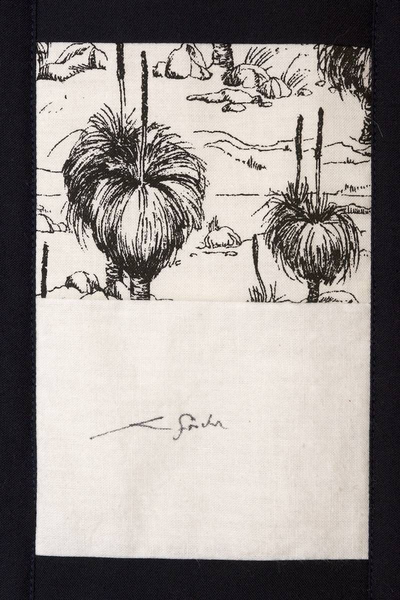 Black-and-white sketch of two palm-like plants in a sparse landscape, with a blank lower half and a small signature.