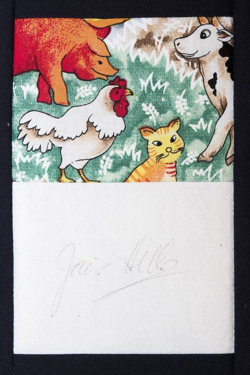 Watercolor of four farm animals on grass, with blank white space below.