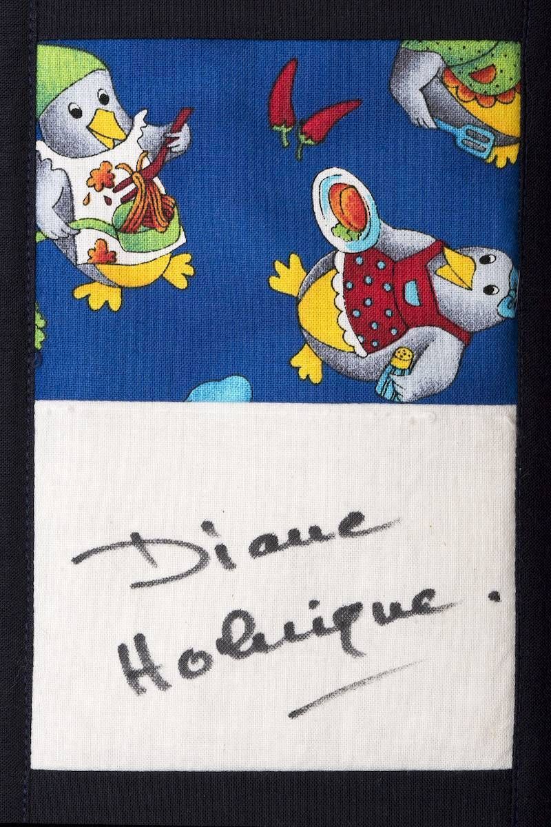 Patterned fabric with duck figures above a handwritten note reading “Diane Holiqure.”