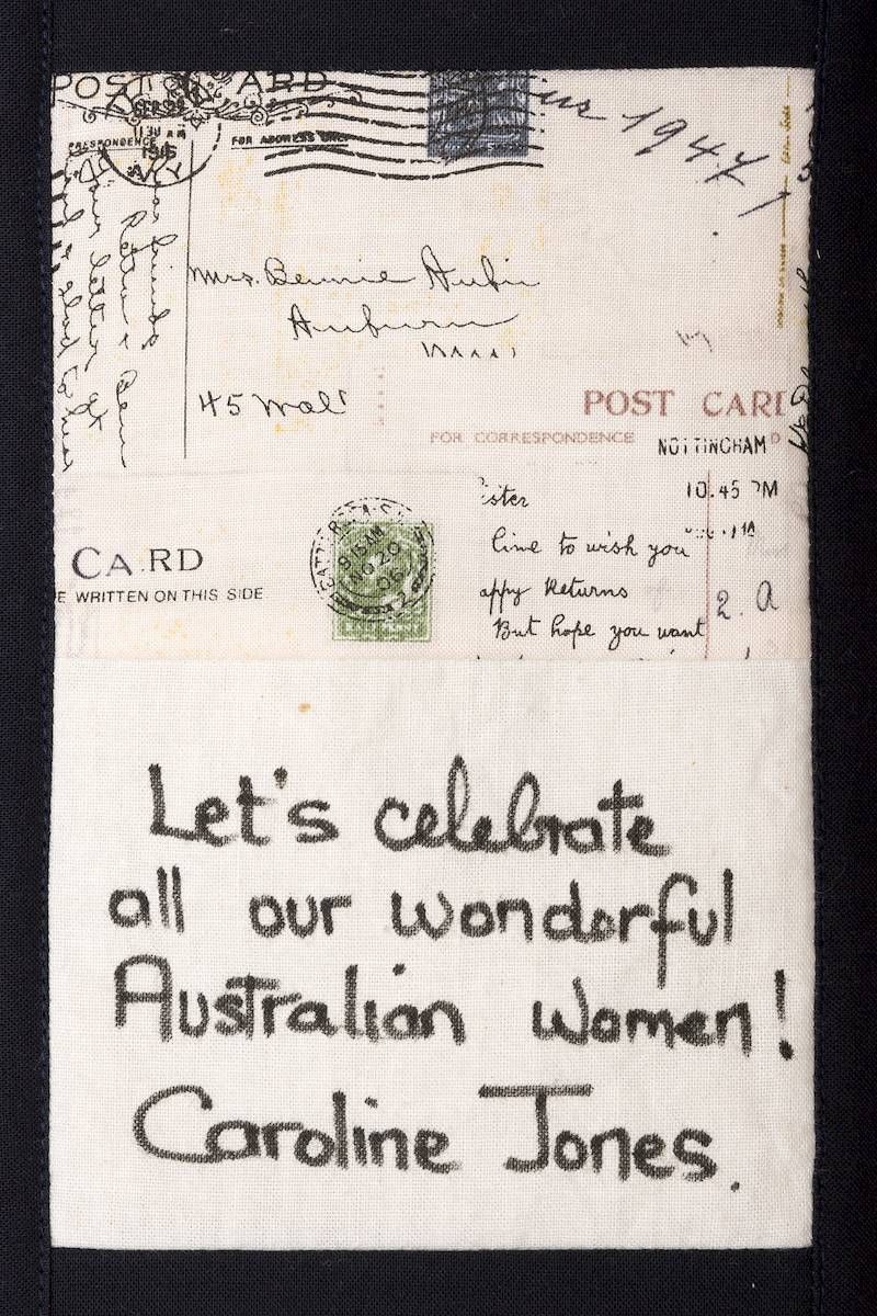 Postcard with handwritten note: “Let’s celebrate all our wonderful Australian women! Caroline Jones.”