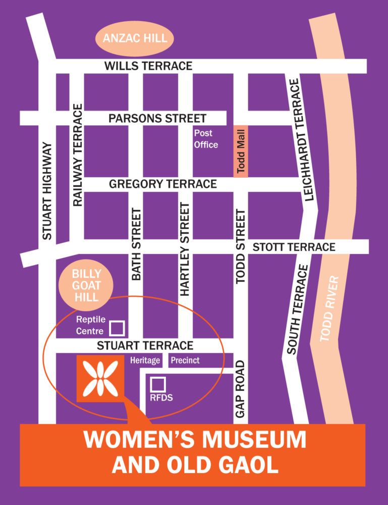 Map of Women’s Museum and Old Gaol area with streets, landmarks, and an orange title panel