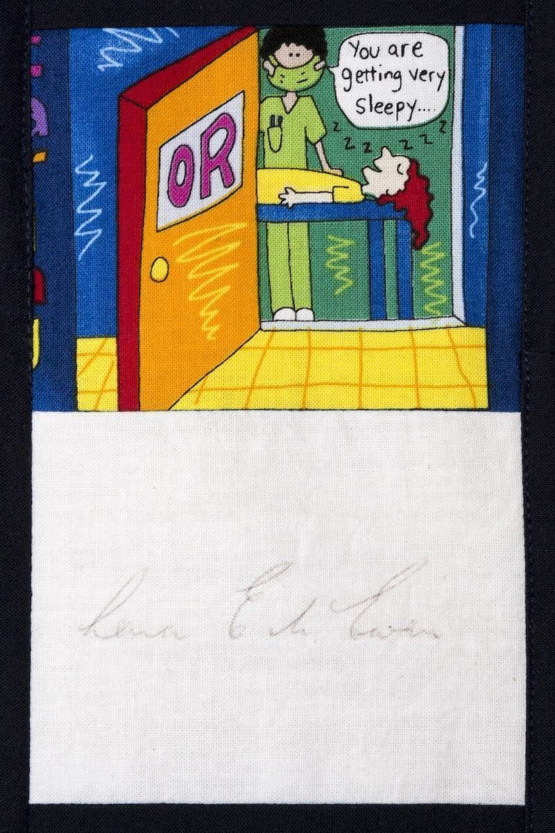 A cartoon child peeks from behind books as a speech bubble says, “You’re getting very sleepy.”