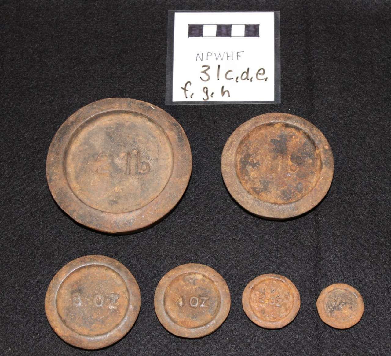 Five old copper coins of varying sizes on dark cloth, with a small labeled card above them.