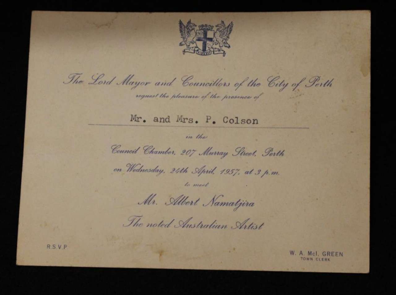 Vintage cream invitation addressed to Mr. and Mrs. F. Colson from the Mayor of York and the Bishop