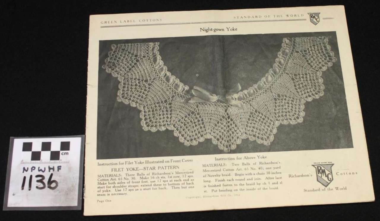 Lace collar pattern on a catalog page beside a small numbered reference card