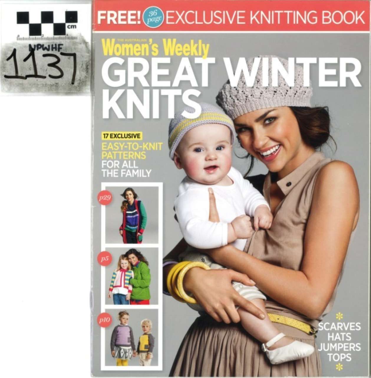 Woman holding a baby on a knitting magazine cover titled “Great Winter Knits”