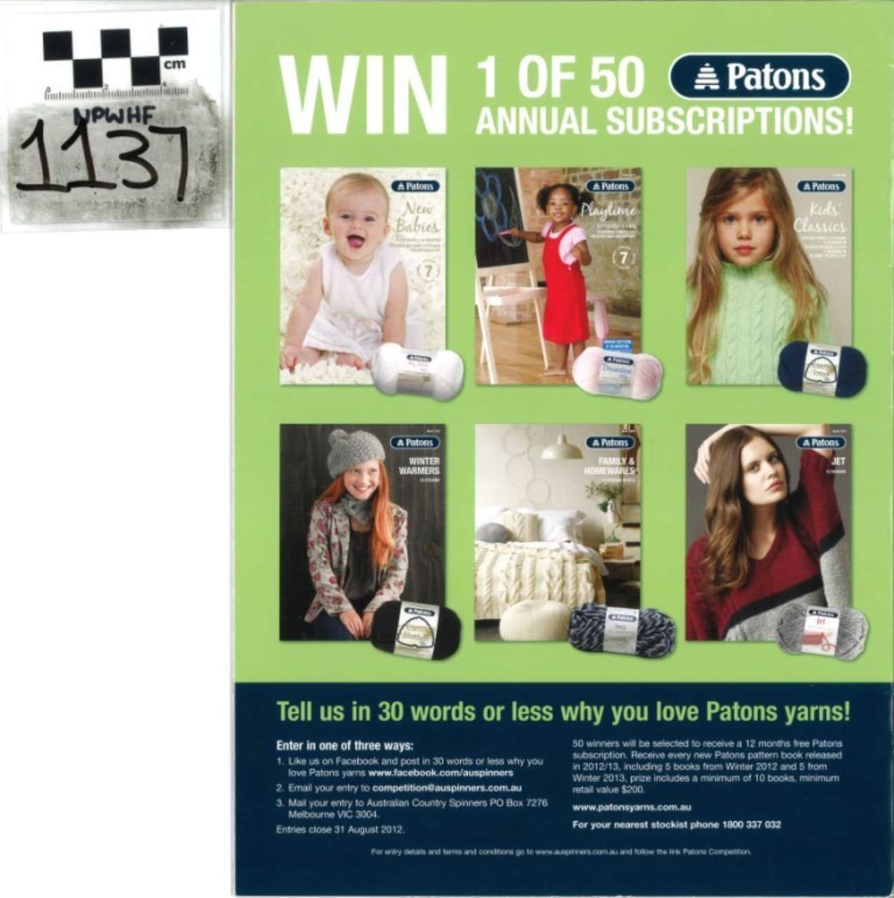 Patons yarn ad with “WIN 1 of 50 annual subscriptions” and five prize images on a green background