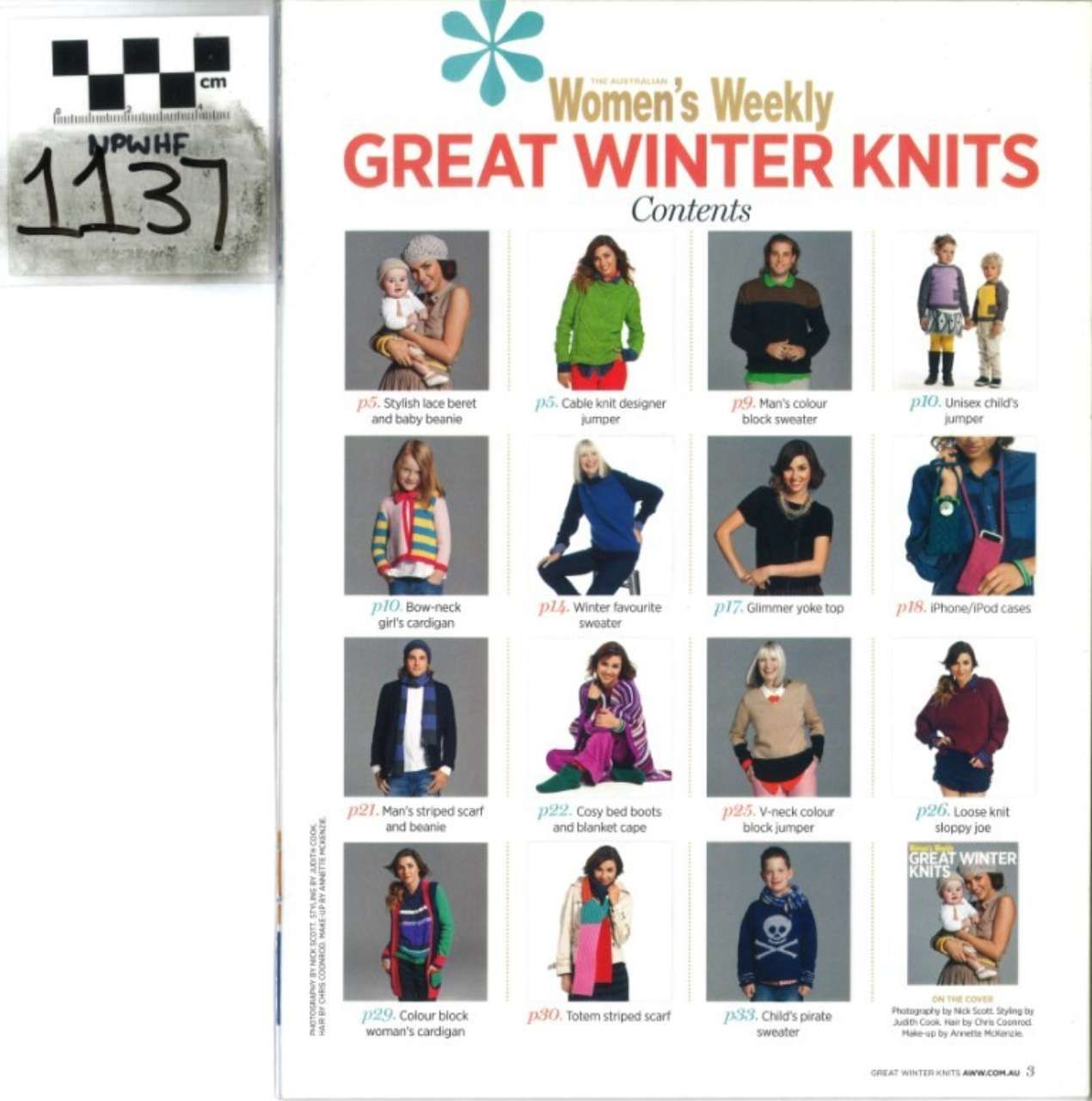 Women’s Weekly Great Winter Knits calendar cover with 16 knitwear photos and a ruler beside the title