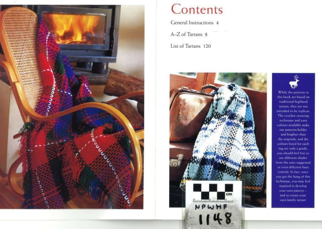 Open book spread showing a colorful plaid chair by a fireplace and a woven basket with a blue cloth bag.
