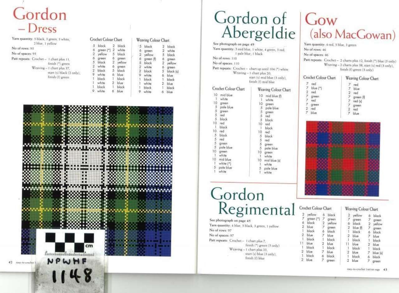 Tartan fabric samples and pattern listings for Gordon, Cow, and Gordon Regimental clans.