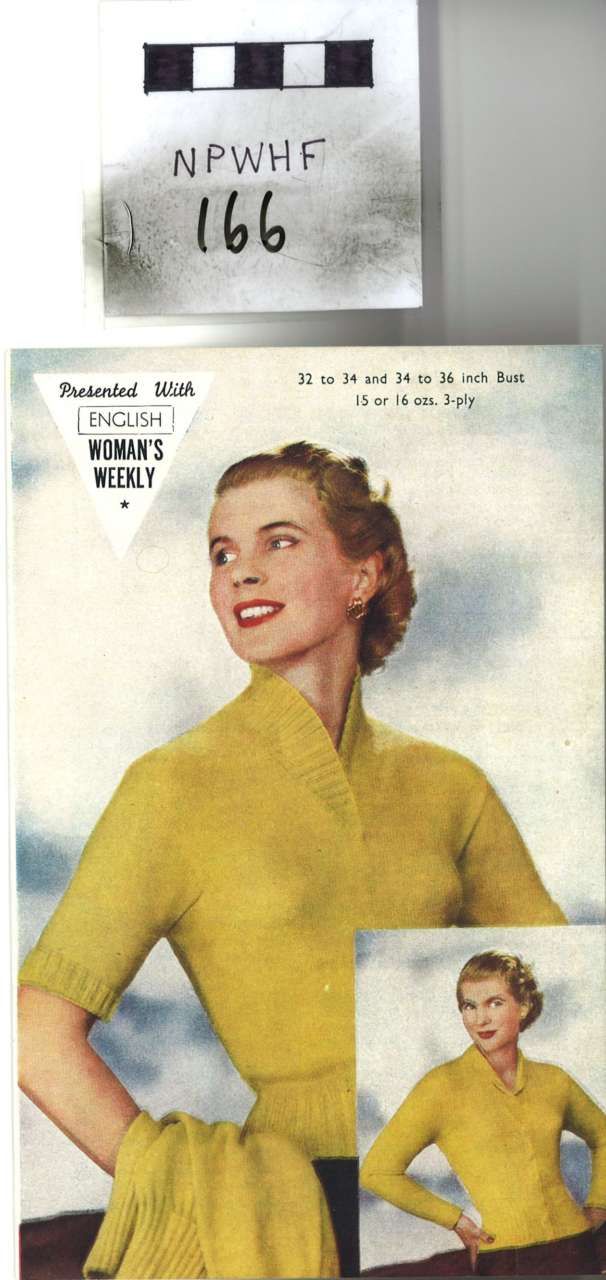 Vintage sewing pattern cover showing a smiling woman in a yellow blouse, with inset front and back views