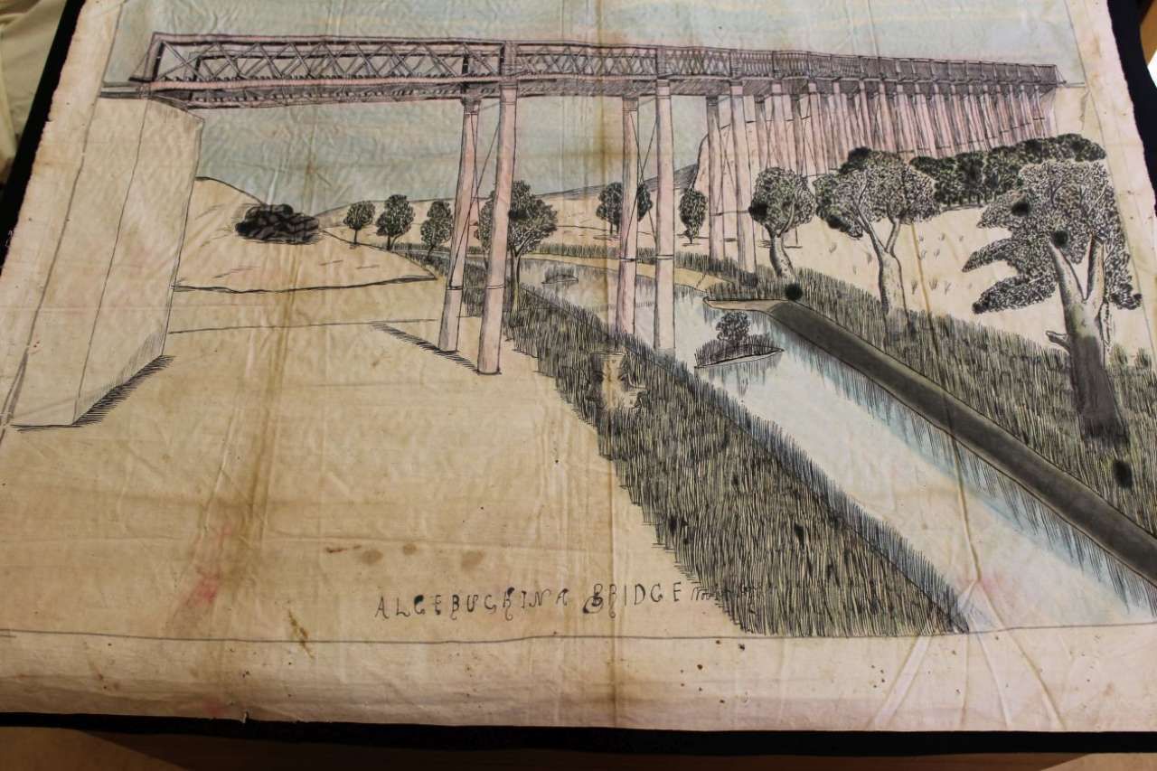 Hand-drawn bridge and canal landscape sketch with trees and a road in muted colors
