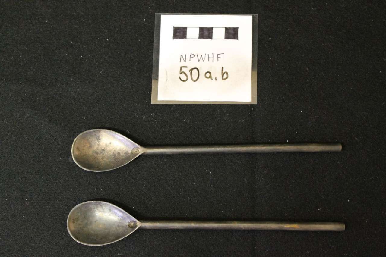 Two metal spoons with long handles displayed below a small labeled scale card on a black background