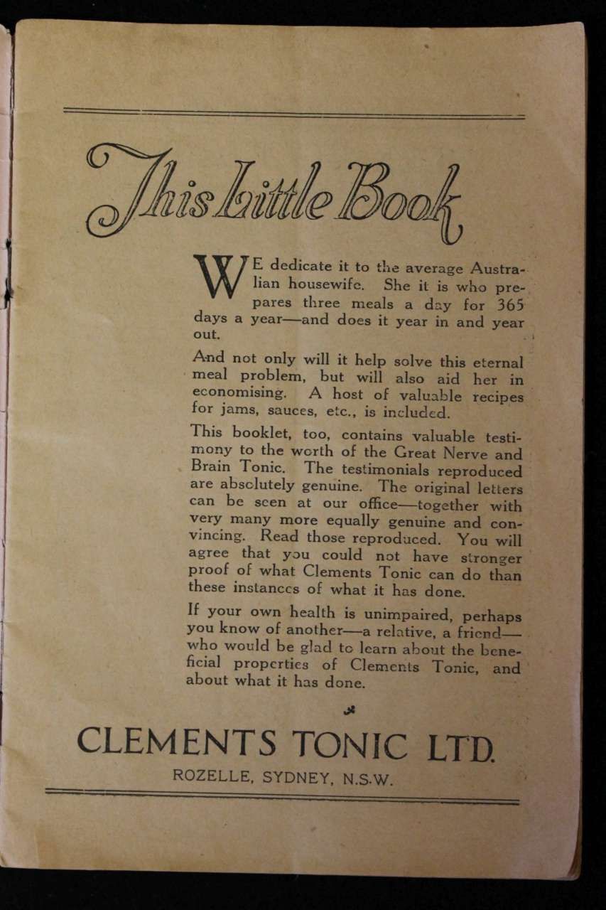 Cover of a vintage booklet titled “This Little Book” from Clements Tonic Ltd., with dense black text on tan paper.