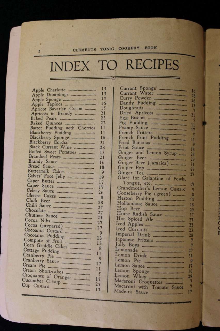 Open book page titled “INDEX TO RECIPES” with a two-column list of recipe names and page numbers