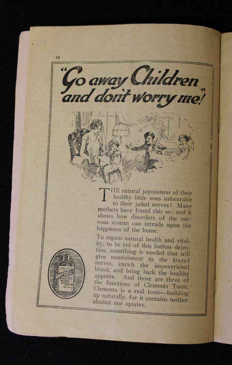 Open book page with headline “Go away Children and don’t worry me!” and a black-and-white illustration.