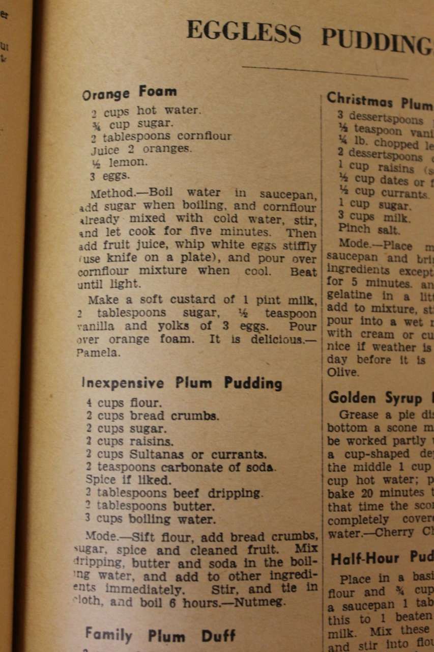 Vintage cookbook page titled “Eggless Pudding” with columns of dessert recipes in black text.