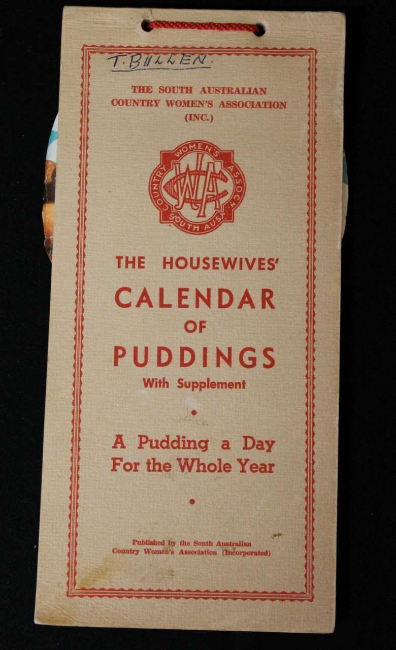Vintage red-and-cream cookbook cover titled “The Housewives’ Calendar of Puddings”