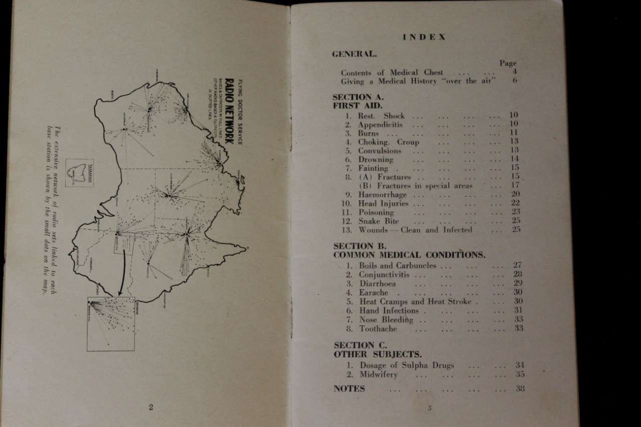 Open book page with a small map on the left and a contents list on the right.