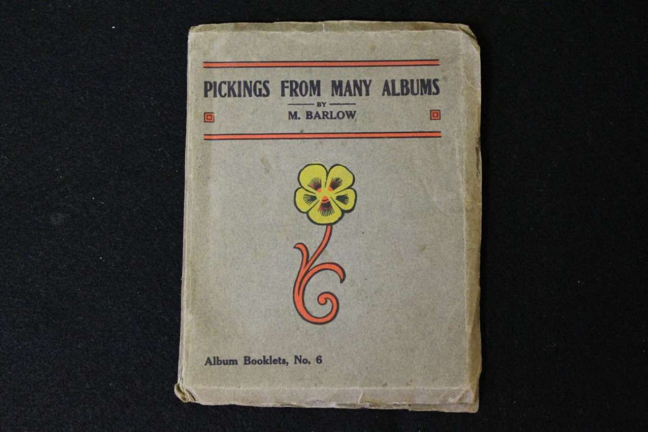 Vintage book cover titled “Pickings from Many Albums” with a yellow flower illustration on a beige background