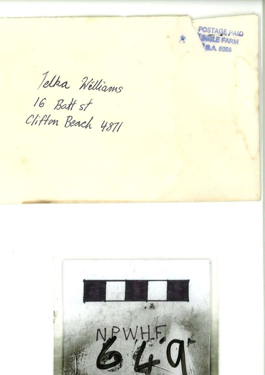 Handwritten envelope addressed to Tisha Williams, 16 East, Graham Beach 94911, with a small black-and-white photo below.
