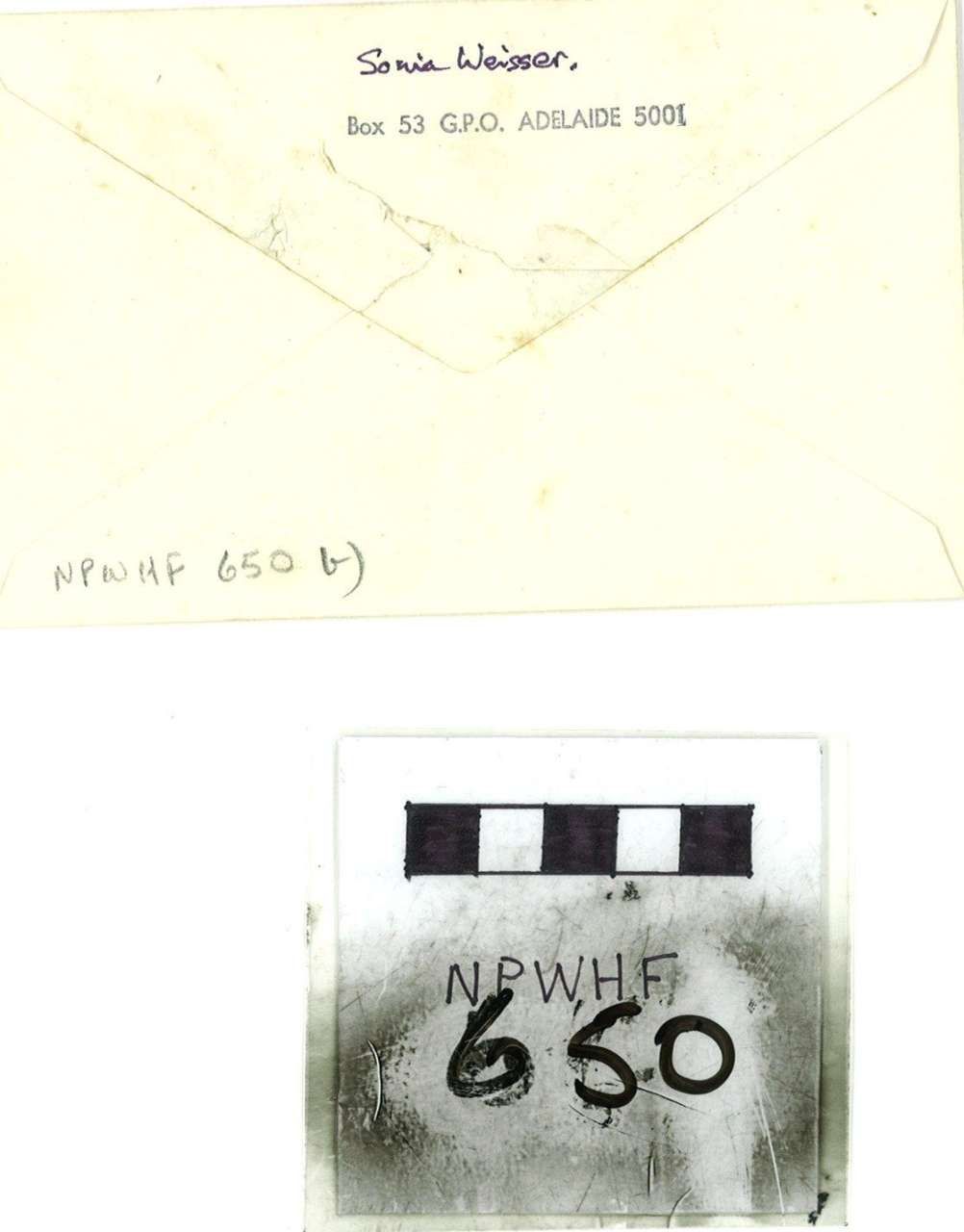 Handwritten note above a black-and-white label marked “NPWHF 650” with a photo scale bar.