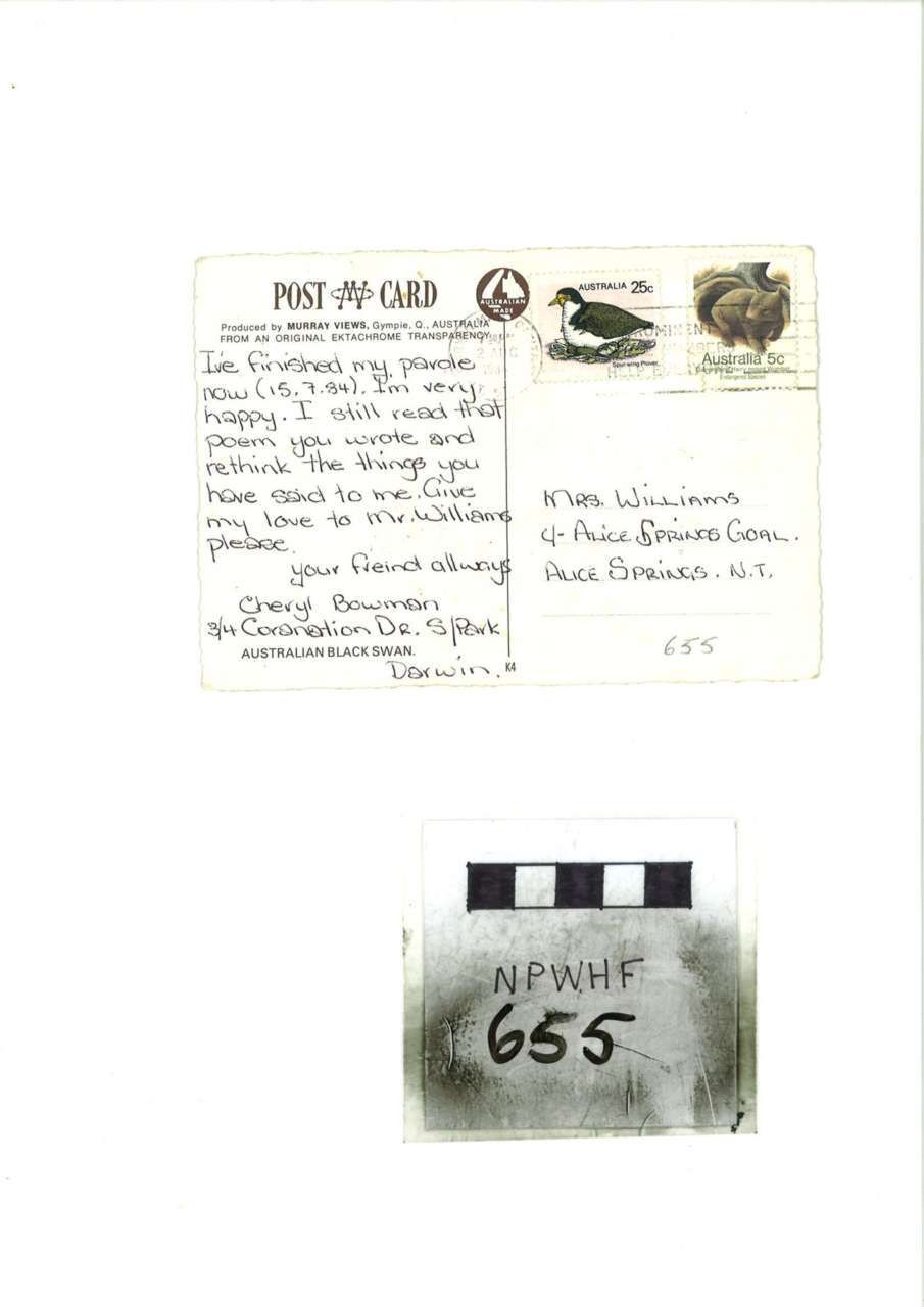 Two black-and-white document images: a handwritten note with stamps and a numbered label “655” beneath it.