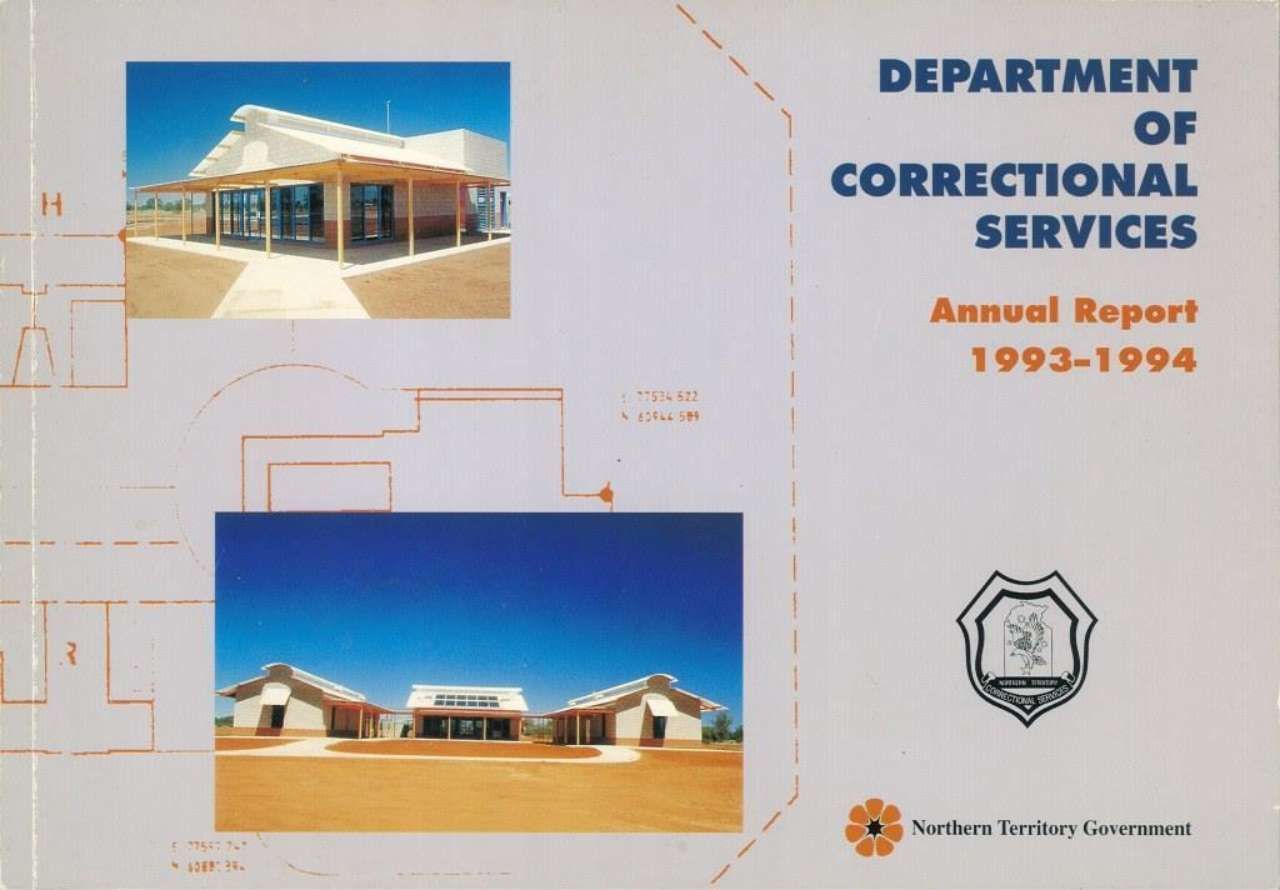 Department of Correctional Services annual report 1993-1994 cover with prison buildings and blue title text