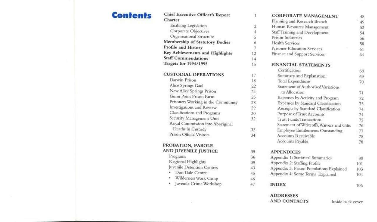 Book table of contents page with two columns of section titles and page numbers.
