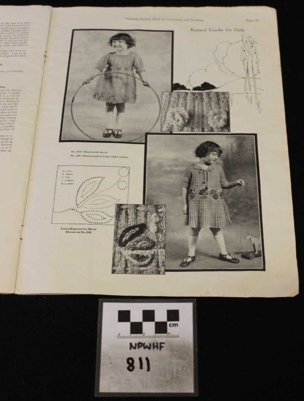 Collage of vintage child figure photos and sketches on a white page with a museum label beneath