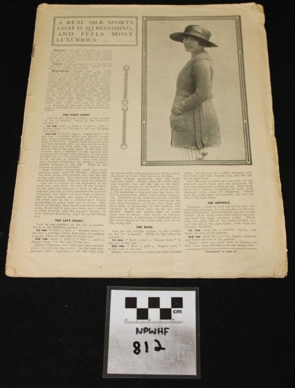 Vintage black-and-white magazine page with a fashion illustration of a woman in a hat