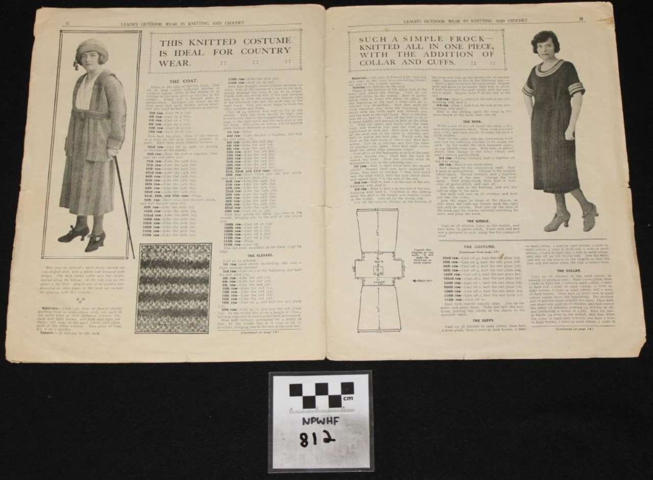 Two-page vintage dress pattern spread with illustrations, measurements, and sewing instructions on a black background