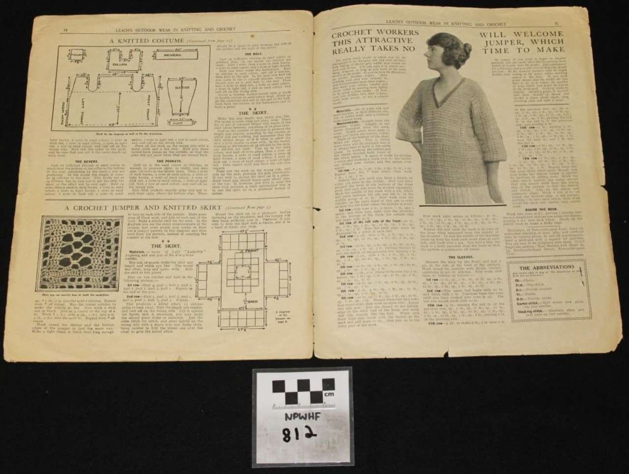 Open magazine spread with technical diagrams, text, and a man modeling a sweater; small label below