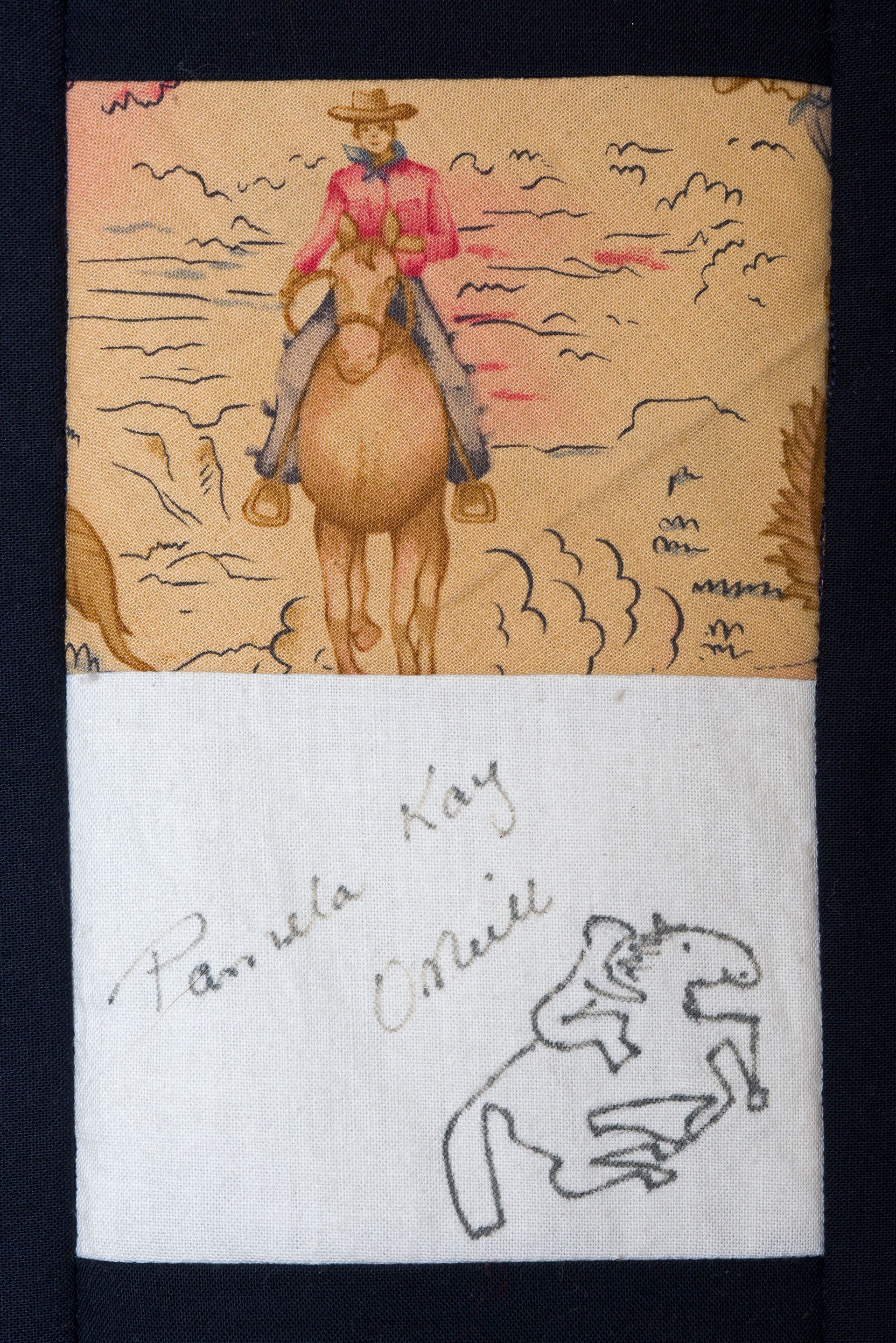 Two-panel embroidered and sketched art: a figure in a red top above, and a black line drawing of two riders below.