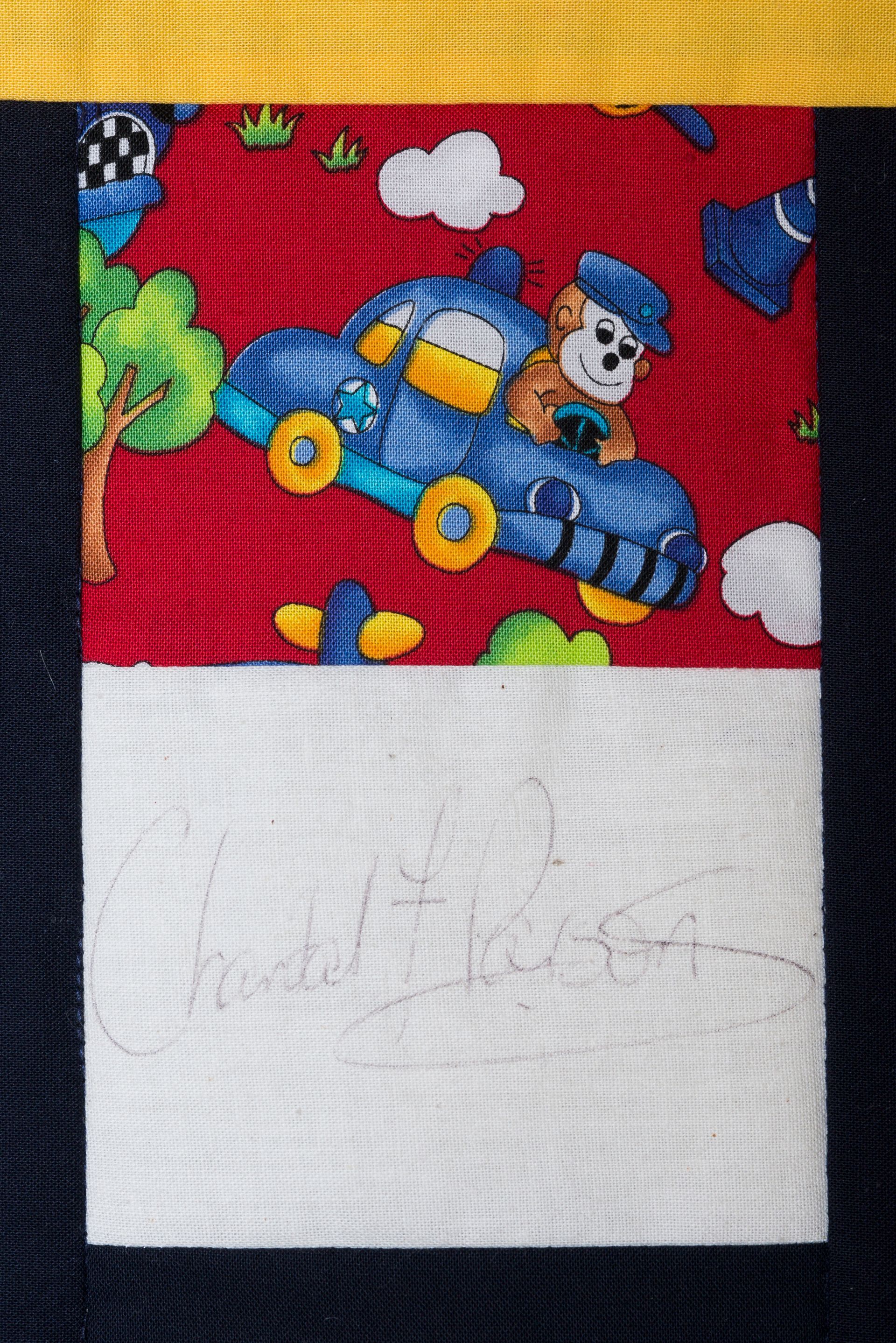 Cartoon dog in a blue car on a red background with clouds, above a blank white space.