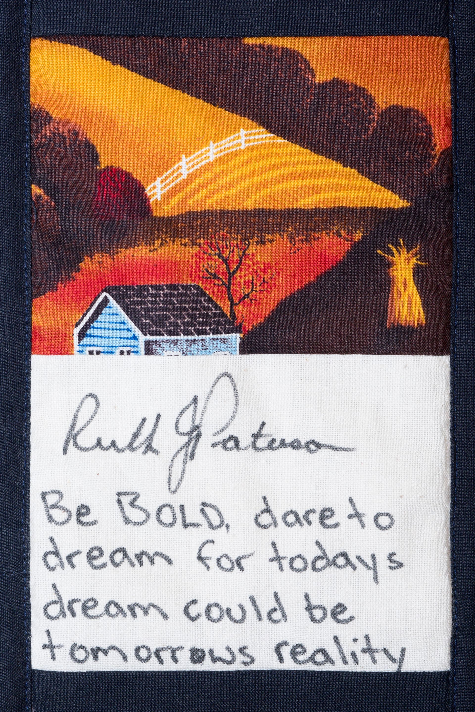Handwritten quote under a small painted sunset landscape with a blue house and warm orange sky