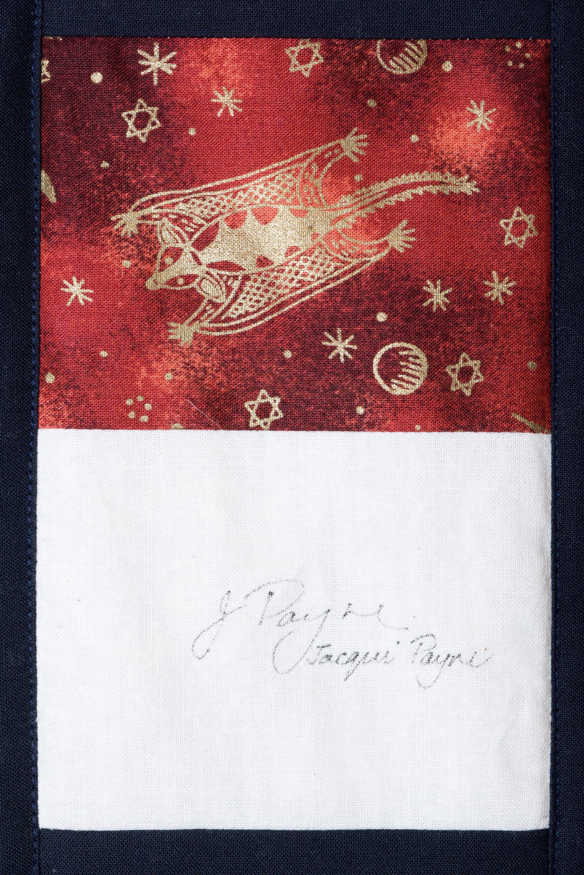 Red and white Nigerian flag with faint gold emblem and script on the white stripe
